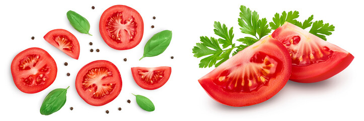 Tomato slices with basil and peppercorns isolated on white background. Clipping path and full depth of field. Top view. Flat lay