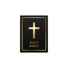 Black bible with golden cross. Holy christian book with yellow border for studying old and new testament and prayer ritual vector sermons