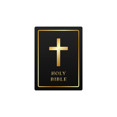 Fototapeta premium Black bible with golden cross. Holy christian book with yellow border for studying old and new testament and prayer ritual vector sermons