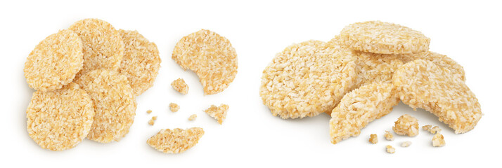 coconut cookies with white flax seeds and honey isolated on white background. Healthy food. Top view. Flat lay