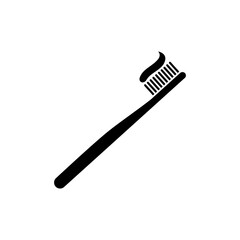 Toothbrush with paste icon. Black hygiene product with healing gel for mandatory oral care with treatment and prevention vector teeth