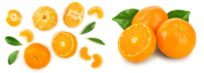 tangerine or mandarin with leaves isolated on white background. Top view. Flat lay