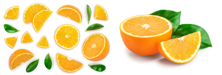orange with leaves isolated on white background. Top view. Flat lay