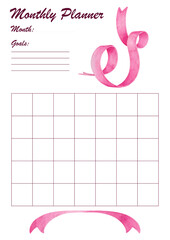 Monthly planner calendar template ready for print A4 with watercolor ribbons for journal and schedule