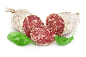Cured salami sausage isolated on white background. Italian cuisine with full depth of field