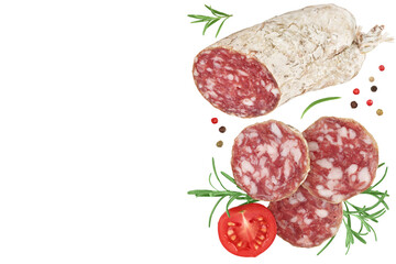 Cured salami sausage slices isolated on white background. Italian cuisine with full depth of field....