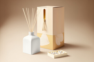 Illustration of a blank reed diffuser, aroma stick fragrance, perfume cube bottle, and paper box packaging. Generative AI - obrazy, fototapety, plakaty