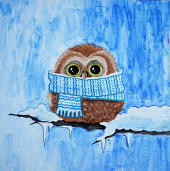 Square texture picture, cute animal painted with bright colors. Owl on a branch, cold winter. Happy new year and merry christmas. Gift for a child. Oil acrylic, watercolor, pastel, markers. Modern Art - 556163905