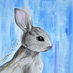 Square texture picture, cute animal painted with bright colors. Hare profile, long ears. Happy new year 2023 merry christmas. Gift for a child. Oil, acrylic, watercolor, pastel, markers. Modern Art - 556163940