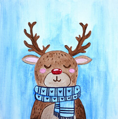 Square texture picture, cute animal painted with bright colors. Deer dreams closed eyes. Happy new year 2023 merry christmas. Gift for a child. Oil, acrylic, watercolor, pastel, markers. Modern Art - 556163945