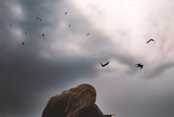 girl teenager student lonely upset by the sky with birds thinks about a difficult life tragedy....