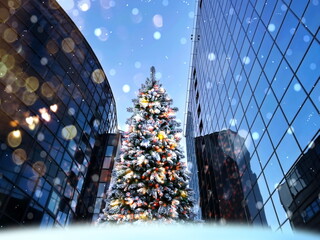 Christmas tree in city modern buildings windows reflection urban scene ,snowfall winter day in town