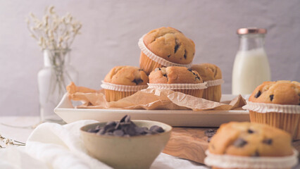 Chocolate chip muffins with milk