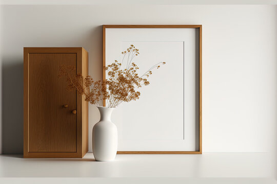 Modern Timber Frame And Cabinet In A Home With A Mock Up Dry Flower Vase Or A Blank Close Up Against A White Wall. Generative AI