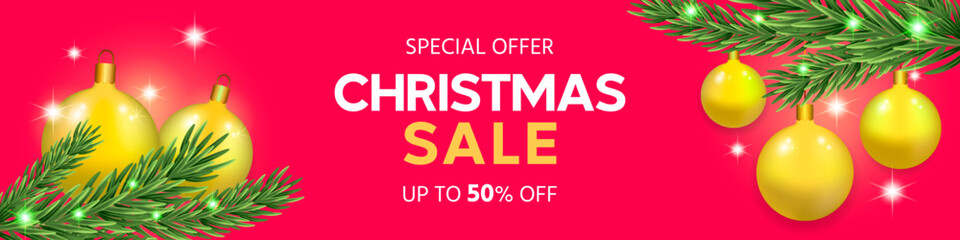 Merry Christmas discount sale banner template. Merry Christmas and New Year background with Christmas tree with shiny golden toys. Sale Christmas background. Special offer. Discount up to 50% Vector - obrazy, fototapety, plakaty