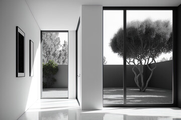 The minimalist interior design of the vacant room features a white wall, a sliding door, and glass windows that view out onto the outdoor garden. Generative AI