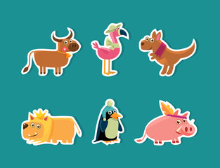 Cute Animal Characters with Pretty Snout Vector Sticker Set.