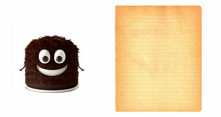 Funny Cake smiling and sheet of paper to fill with yours cake recipe - Generative AI 3D Illustration isolated on white background