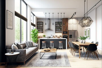 View inside large modern luxury attic loft apartment living room interior with comfortable sofa, plants, wooden furniture, Abstract painting on white wall. Modern decor with open bar and kitchen