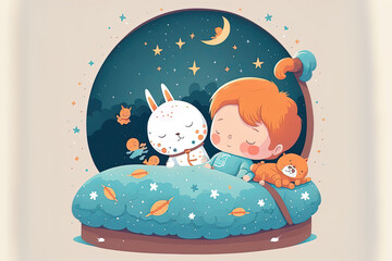 A cute young kid is curled up in bed with a stuffed bunny. Happy dreams of a child about space, galaxies, and rockets. Flat colored artwork, isolated on white. Generative AI
