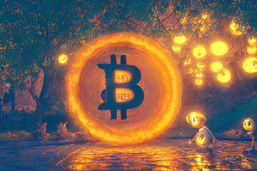 pltn style, bitcoin on fire, cute big circular reflective eyes, Pixar render, unreal engine cinematic smooth, intricate detail, Generative AI technology	