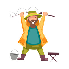 Bearded Fisherman Capturing Fish with Rod and Bucket Vector Illustration