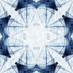 Obraz premium Indigo Dye Wash Coastal Damask Quilt Seamless Pattern. Washed out Geometric Dip Dyed Blur effect for Nautical and Marine Ocean Blue Interior Textile Backgrounds with Linen Texture Tile