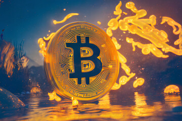 pltn style, bitcoin on fire, cute big circular reflective eyes, Pixar render, unreal engine cinematic smooth, intricate detail, Generative AI technology	 - obrazy, fototapety, plakaty