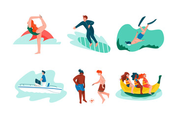 People Characters at Sea Shore and Beach Enjoying Summertime Rest Vector Set