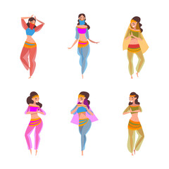 Beautiful Eastern Woman Dancing Belly Dance Vector Set