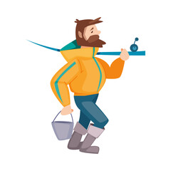 Bearded Fisherman Walking with Rod and Bucket Engaged in Capturing Fish Vector Illustration