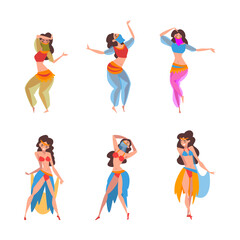 Beautiful Eastern Woman Dancing Belly Dance Vector Set