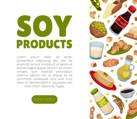 Natural Soy Products Banner Design with Soy Bean, Tofu and Sauce Vector Template