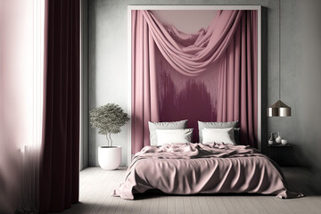 pink bed and curtain in bedroom. Generative AI