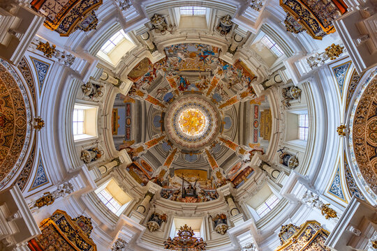 Seville, Spain-November 12, 2022: Interior view of the dome of the Church of San Luis de los Franceses of baroque architecture from the 18th century in the historic center of Seville, Andalusia, Spain