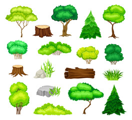 Forest Nature Elements with Tree, Stump, Log and Bush with Stone Big Vector Set
