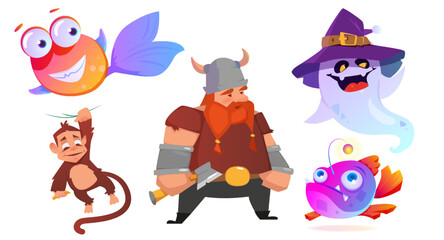 Game Characters with Viking, Monkey, Fish and Ghost Vector Set