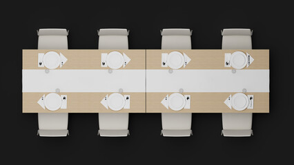 3d rendering top view of long table set up for event and wedding decoration.