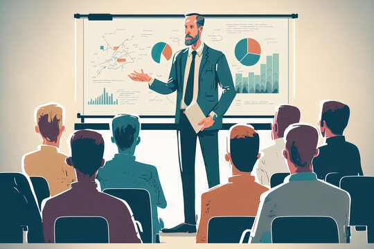 Coach addressing the audience. Employees interacting during a business training, seminar, or conference when a mentor is presenting charts and reports. presentation, lecture, or educational illustrati