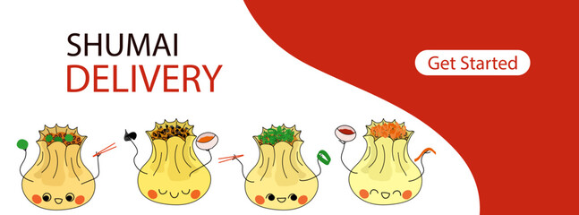 Shumai delivery page with dumpling characters vector illustration. Four smiled siu mai with chopsticks, sauces and decoration in hands. Traditional Chinese food banner