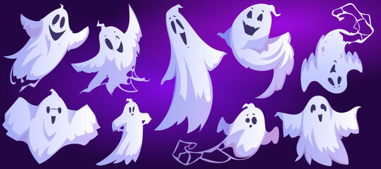 Fototapeta na wymiar Spooky White Ghost or Spirit of Dead Flying on Blue Background Vector Set