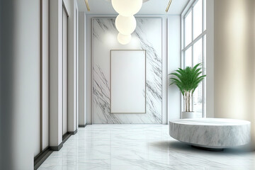 Interior lobby and hall way banner mock up abstract backdrop with empty white marble stone table top and blurred glass window may be utilized to showcase or montage your items. Generative AI