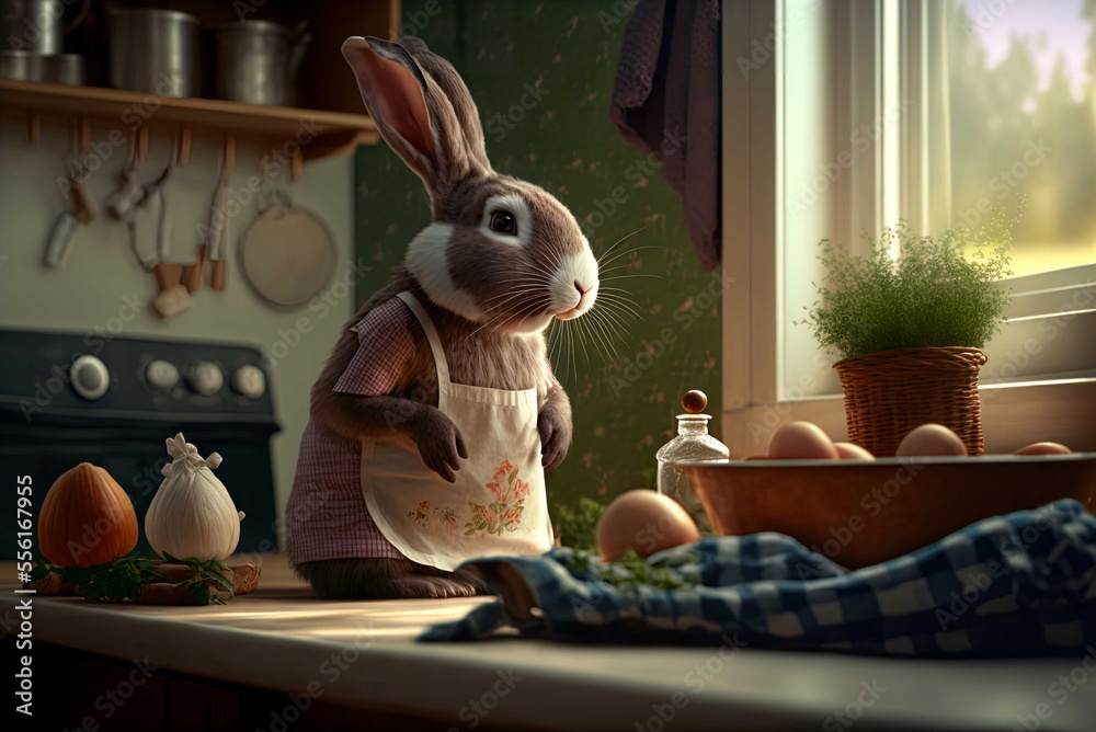 Wall mural Rabbit wearing apron in a happy easter day concept. Generative AI