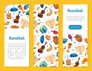 Happy Hanukkah Banner with Traditional Jewish Symbols Vector Template