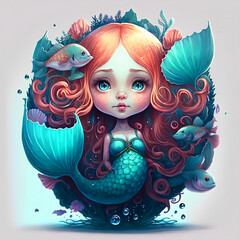  Illustration of a beautiful redhead mermaid girl portrait with blue fish tail. Corals and seaweeds in the background. Generative AI illustration of a fictional woman