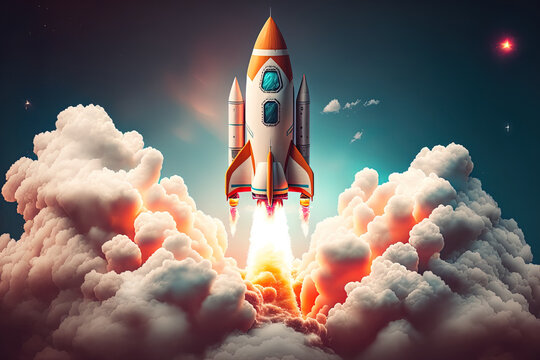Space rocket flying toward the clouds believable rocket icon Having a successful company concept is a challenge. launching a fresh project start up concept. Generative AI