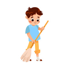 Little Boy Cleaning Sweeping the Floor with Broom Vector Illustration