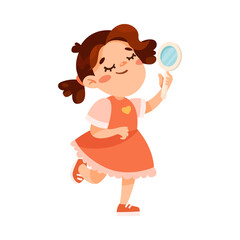 Funny Little Girl in Red Dress Expressing Emotion of Self Love Looking in Mirror Vector Illustration