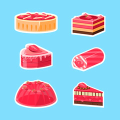 Sweet and Sugary Strawberry Dessert with Topping Vector Sticker Set