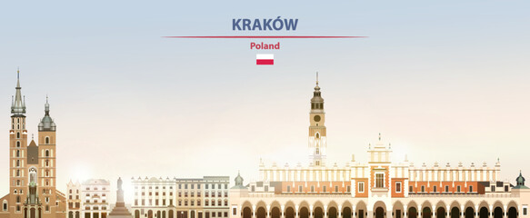Krakow cityscape on sunrise sky background with bright sunshine. Vector illustration